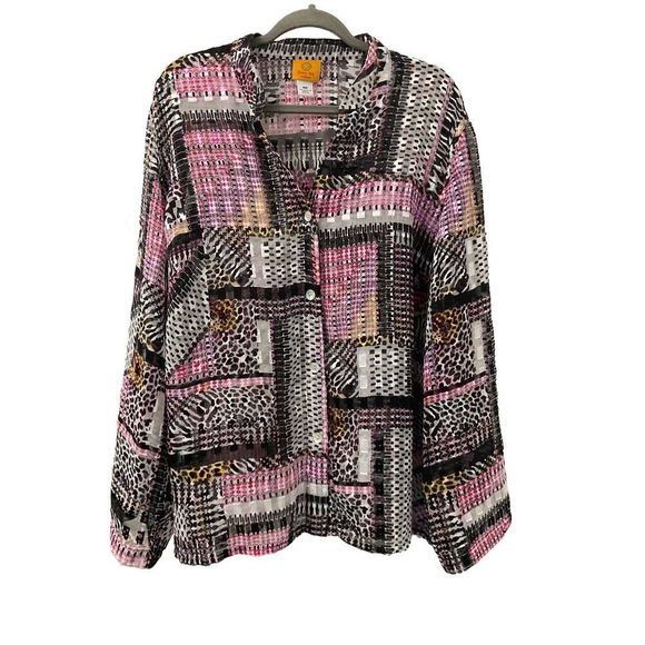 Ruby Rd Women’s 18 W Sheer Button Down Tup Top with  Fabulous Print and a Touch - Picture 1 of 3